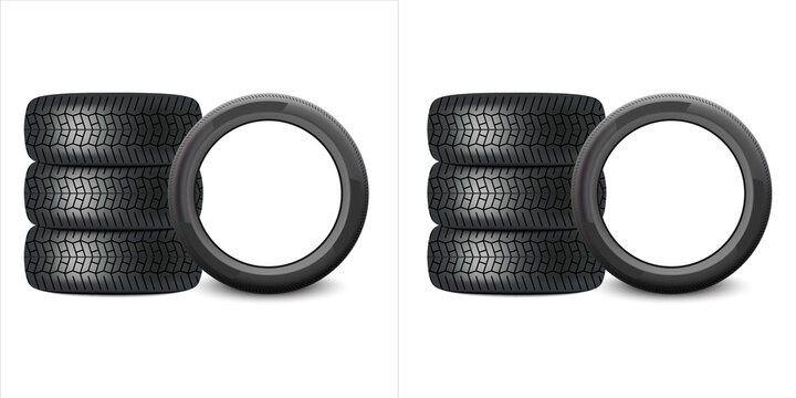 Set of realistic car tires stacked and single tire isolated on transparent background vector illustration of black rubber vehicle tires