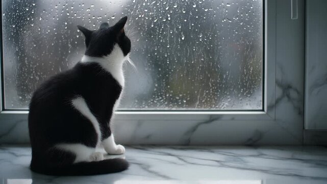 Tuxedo cat sitting calmly by rain-streaked window watching outdoors in moody natural light black and white composition