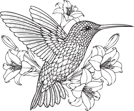 Hummingbird and lilies coloring page vector illustration intricate floral design