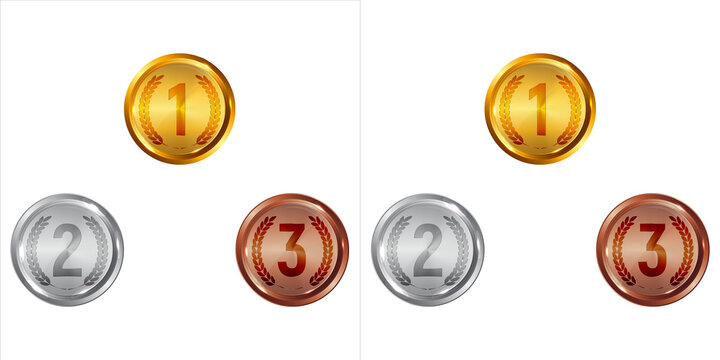 Set of gold, silver and bronze medals with numbers one, two and three isolated on transparent background