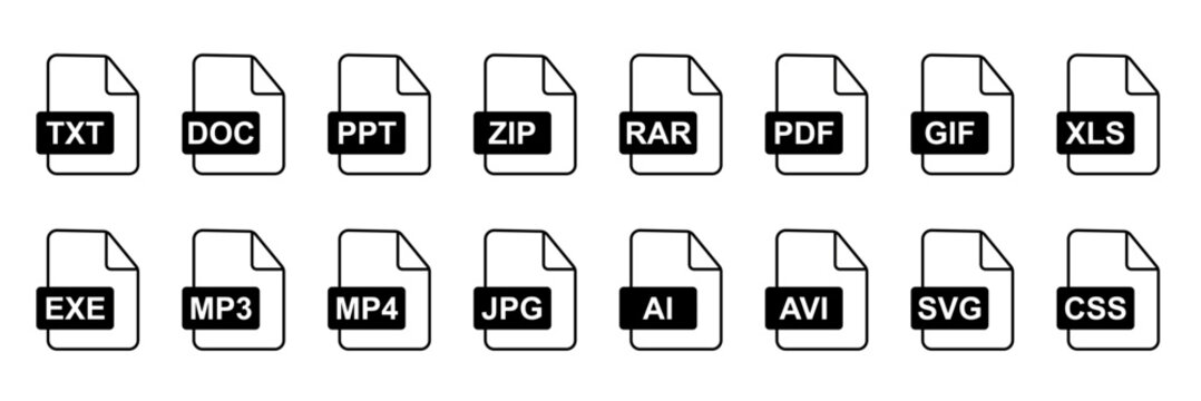 set of documents icons, file icons, black and white, format, zip, txt, doc, ppt, pdf, gif, jpg, psd, mp3, mp4, ai, avi, svg