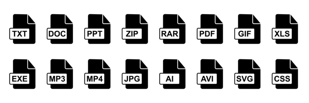 set of documents icons, file icons, black and white, format, zip, txt, doc, ppt, pdf, gif, jpg, psd, mp3, mp4, ai, avi, svg