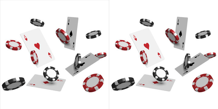 Falling casino chips and playing cards isolated on transparent background