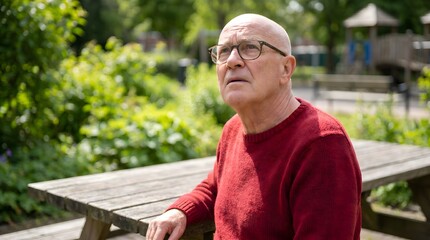 Fototapeta premium Senior Man in Red Sweater at Park Picnic Table