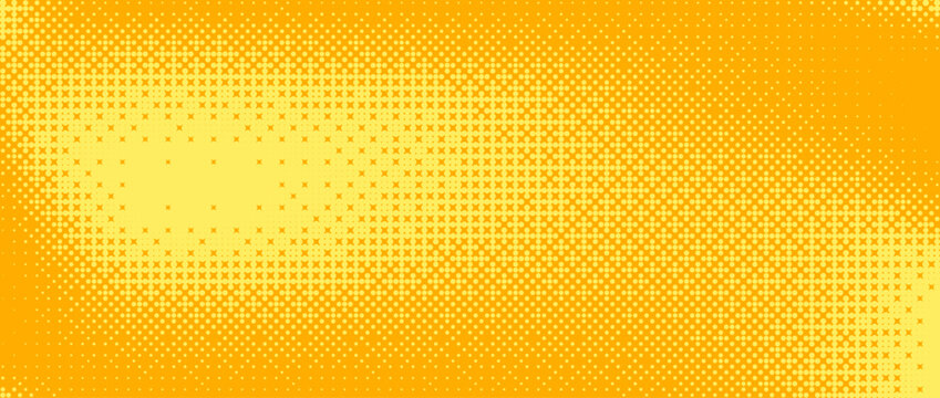 Yellow orange bitmap pixel texture. Dotted dither gradient pattern background. 8 bit halftone faded pop art gradation wallpaper. Vanishing raster video arcade game backdrop for banner, poster. Vector