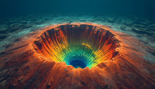 Underwater 3D sonar mapping visualization of a deep ocean trench or crater