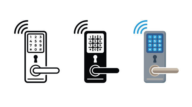 Three variations of smart electronic door locks with numeric keypads and wireless signal icons displayed in flat linear and colorful graphic styles for modern security