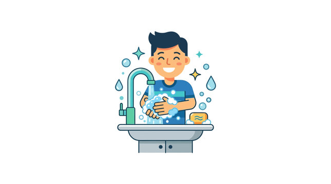 Boy washing hands in sink with soap and water, hygiene concept