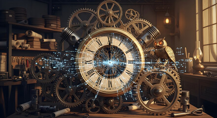 Fototapeta premium Intricate Steampunk Clockwork with glowing blue energy core and mechanical owl in a vintage workshop for fantasy concept art and time management themes.