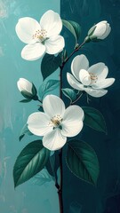 Obraz premium Minimalist botanical illustration featuring white blossoms teal foliage artwork style
