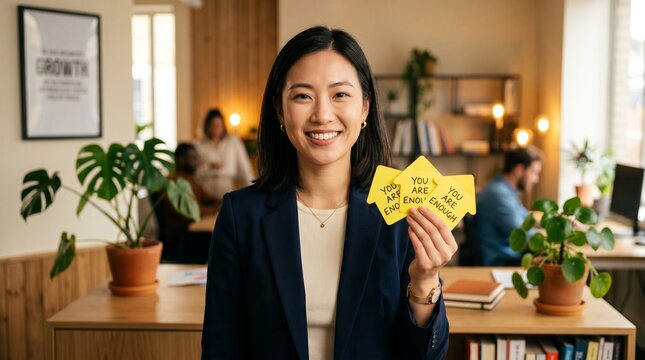 Businesswoman stands in an office holding a note that says can you help me, conveying teamwork, workplace communication, and the need for support in a professional setting.