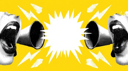 Naklejka premium Dynamic halftone graphic on vivid yellow backdrop with two black-white dotted stylized open mouths fitted with dark gray megaphones, central jagged white speech bubble