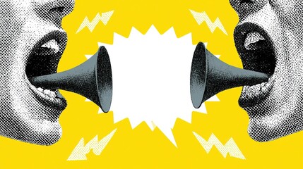 Naklejka premium Dynamic halftone graphic on vivid yellow backdrop with two black-white dotted stylized open mouths fitted with dark gray megaphones, central jagged white speech bubble