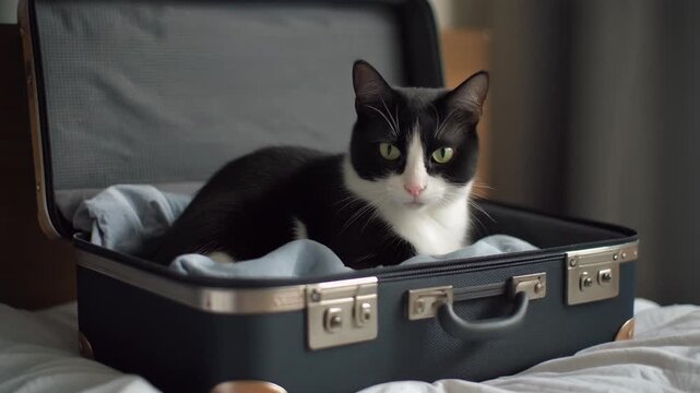 Tuxedo cat resting peacefully inside an open vintage suitcase on a soft bed with natural light and cozy home atmosphere