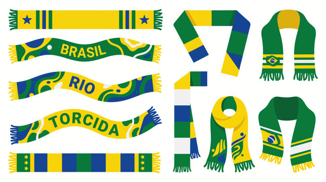 Collection of Brazilian football fan scarves in green, yellow, and blue colors, featuring various designs and texts like Brasil, Rio, and Torcida.