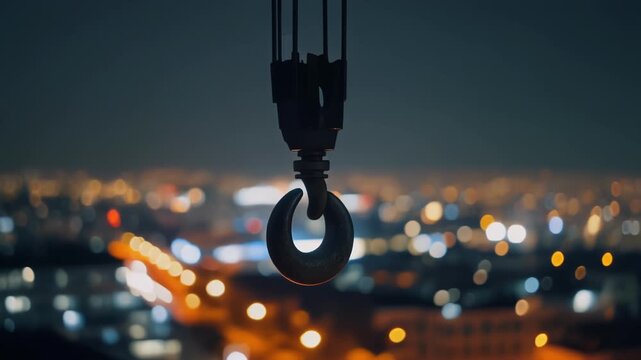 Industrial crane hook at nighttime cityscape.