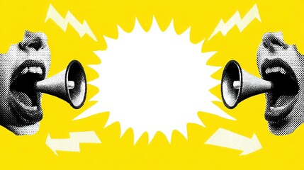 Naklejka premium Dynamic halftone graphic on vivid yellow backdrop with two black-white dotted stylized open mouths fitted with dark gray megaphones, central jagged white speech bubble