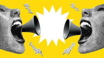 Naklejka premium Dynamic halftone graphic on vivid yellow backdrop with two black-white dotted stylized open mouths fitted with dark gray megaphones, central jagged white speech bubble