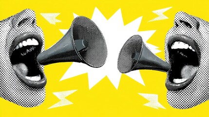 Fototapeta premium Dynamic halftone graphic on vivid yellow backdrop with two black-white dotted stylized open mouths fitted with dark gray megaphones, central jagged white speech bubble