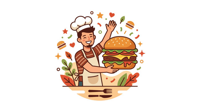 Cartoon Chef Holding Large Juicy Burger with Fries Illustration