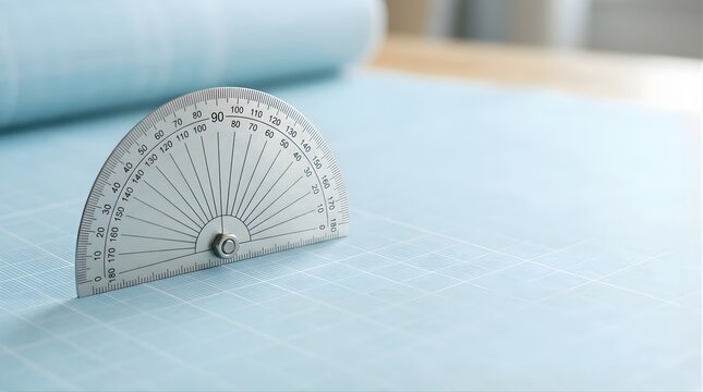 Metal protractor standing on blue grid drafting paper for geometry study