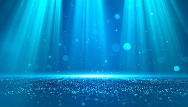 Oceanic Depths: Ethereal blue light shafts pierce the aquatic realm, illuminating a shimmering seabed, creating a mystical underwater ambiance.