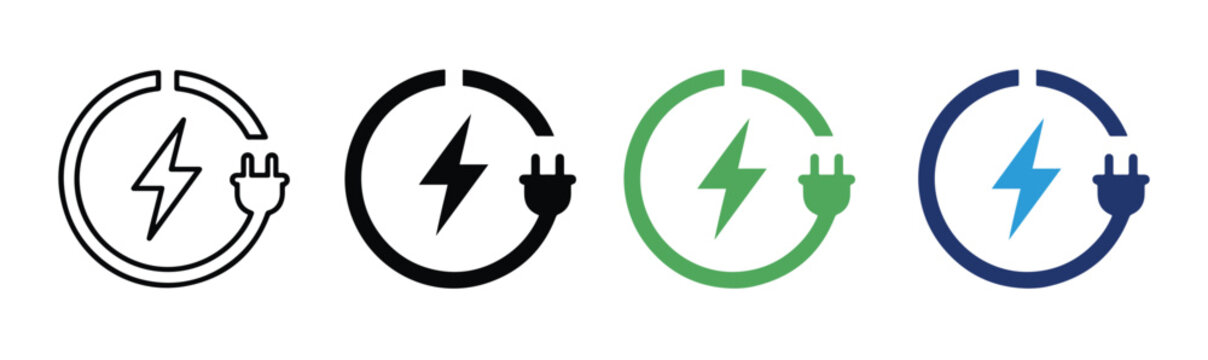 Electric charging icon set power plug lightning bolt energy electricity green eco friendly alternative battery flash ring symbol flat line colored style vector,