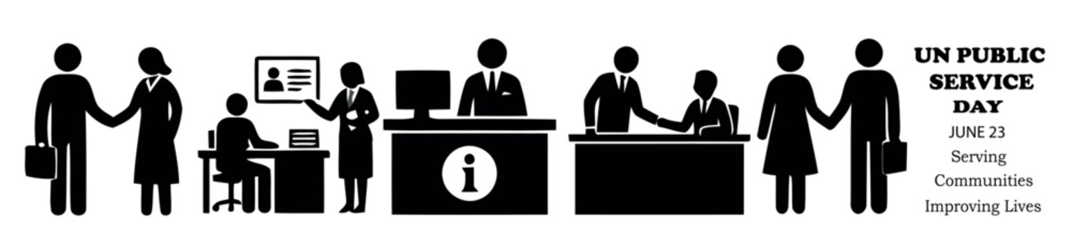 Government public service office silhouette icon set, social security or civil servant help desk illustration