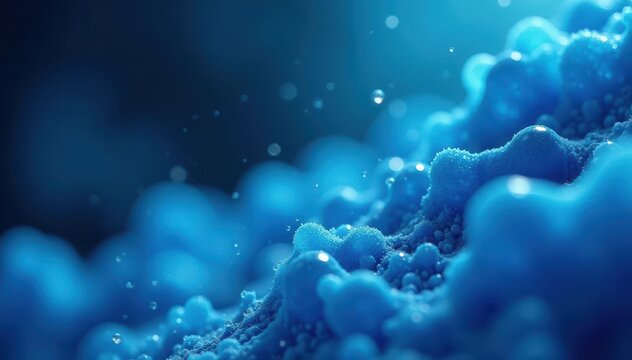 Blue water molecules in a microscopic view with isolated particles, particle, molecule, tiny
