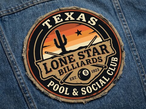 Desert Texas Billiard Badge Logo with 8 Ball Cactus and Sunset