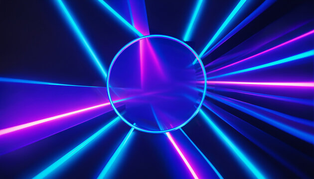 glowing central neon circle with converging blue and pink laser light rays crossing the center.