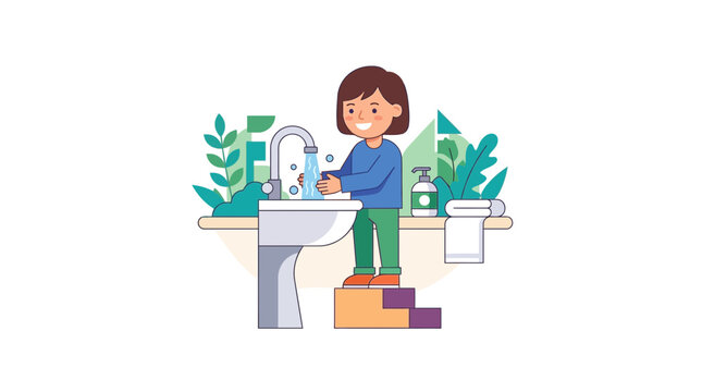 Child washing hands in bathroom sink with soap and plants illustration