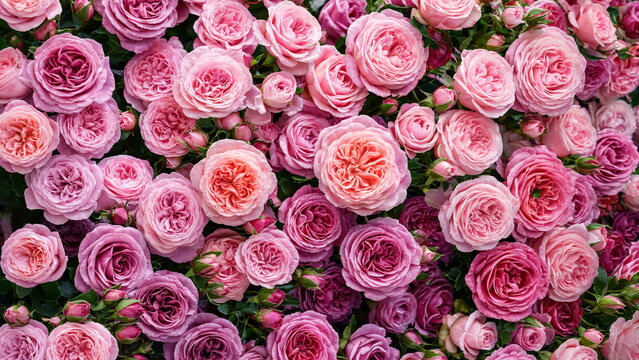 Tapiz tupido de rosas en degrad&eacute; rosa y lila, con p&eacute;talos densos y delicados capullos naturales.