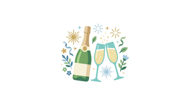 Celebration with Sparkling Champagne Bottle and Toasting Glasses Illustration