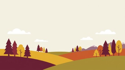 Naklejka premium Flat Vector Autumn Landscape with Colorful Trees and Rolling Hills