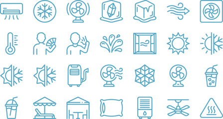 Fototapeta premium Set of blue line vector icons depicting cooling equipment and summer heat relief weather symbols