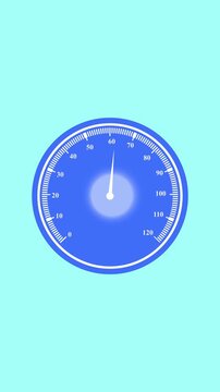 Blue gauge dial animation showing rising speed values with smooth rotating needle indicator for digital dashboard metrics represented in clean minimalist graphic motion loop.