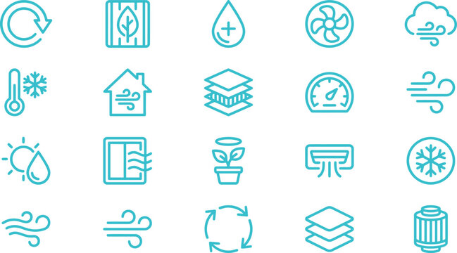 A set of blue line art vector icons representing various climate and air quality systems