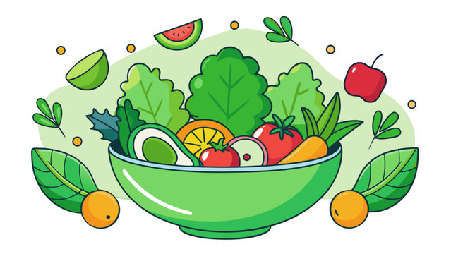 Flat vector illustration of a healthy bowl filled with mixed organic greens and fruits