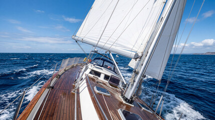 Fototapeta premium Point of view looking out from deck of sailing yacht tilting slightly into brisk wind