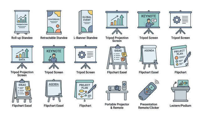 Professional presentation equipment and office meeting accessory icons.