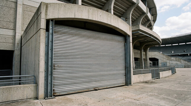 Massive steel rolling shutter door closed securely over a large modern sports stadium entrance structure