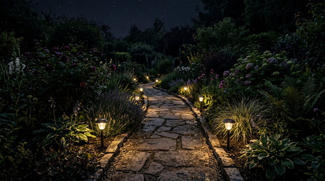 POV looking down a rustic stone garden path beautifully illuminated by low voltage solar lights