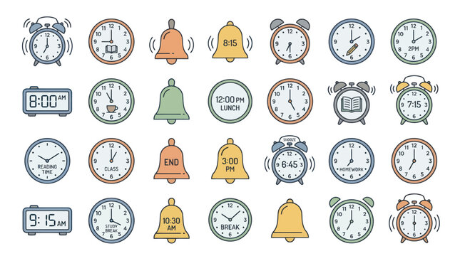 Analog clock and alarm bell icon collection.