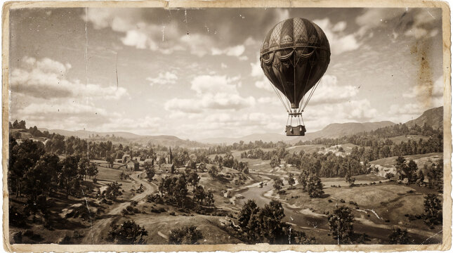 A vintage sepia toned photograph of early era hot air balloon flying over countryside landscape