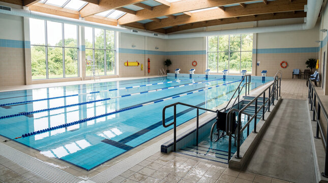 Sparkling Clean Indoor Therapeutic Swimming Pool Featuring Clear Lane Lines And Beautiful Natural Light Reflection