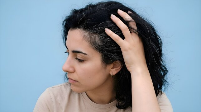 Close-up of a thoughtful woman touching her dark hair showing gray roots against a blue background, visualizing aging process, wisdom, life experience, and midlife self-examination.