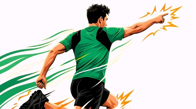 Comic illustration of a man running fast and pointing forward with motion lines, visualizing speed, physical energy, powerful momentum, determination, and athletic performance.