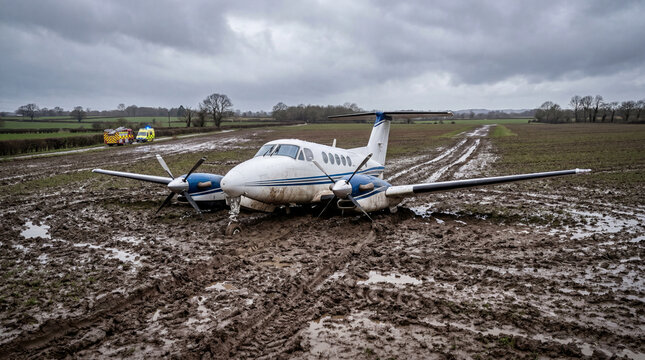 Realistic Aviation Accident Showing Commercial Aircraft Emergency Landing On A Wet Muddy Green Field Background