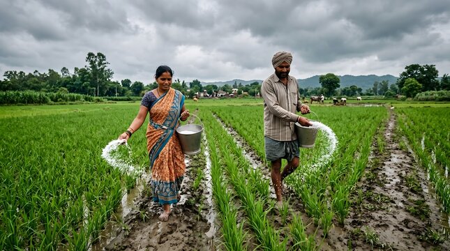 Indian Farmers Scattering Fertilizer in Green Paddy Field Under Cloudy Sky